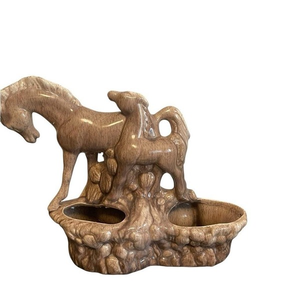 Phil-Mar Mare Vintage Ceramic Horse and Foal Planter Speckled Brown Mid Century